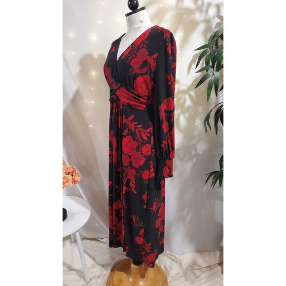Tommy Hilfiger Floral Maxi Dress Size 8P Black Red Dark Romance Whimsigoth Party - Picture 2 of 11